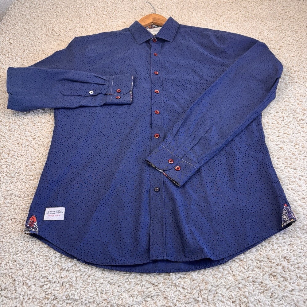 A Fish Named Fred Mens Large Blue Dot Long Sleeve Button Up Shirt Red Buttons